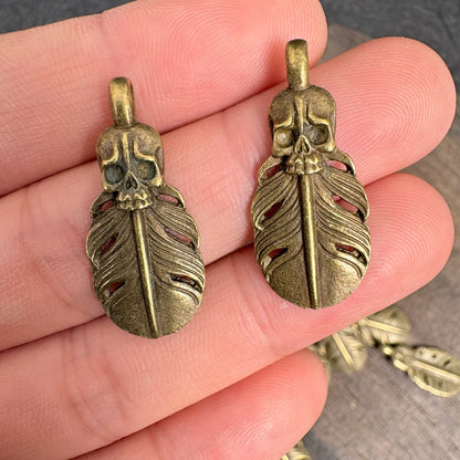 10PCS Antique Bronze Skull Feather Charms, DIY Jewelry Pendant