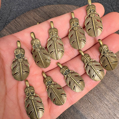 10PCS Antique Bronze Skull Feather Charms, DIY Jewelry Pendant