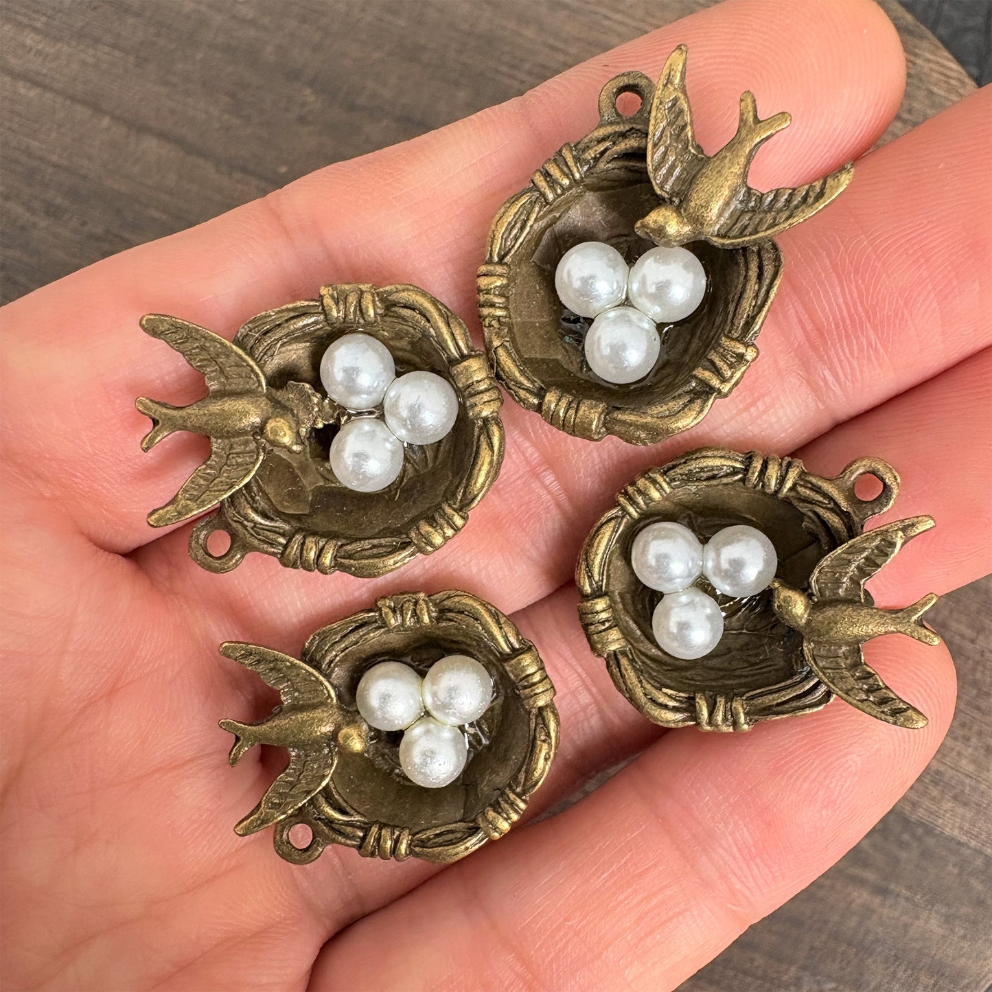 4PCS Antique Bronze Swallow Bird Nest Charms with Pearl Eggs for Jewelry Making