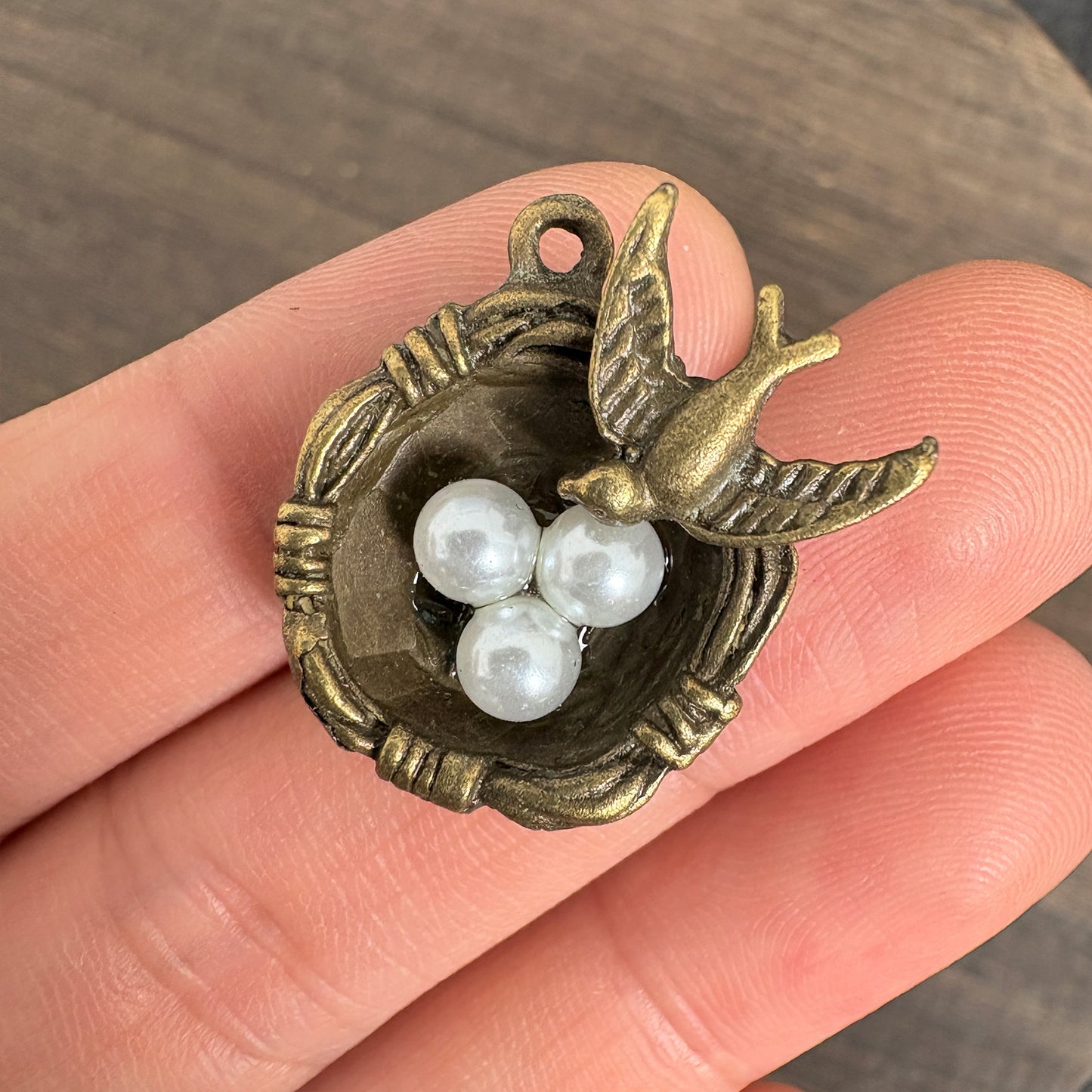 4PCS Antique Bronze Swallow Bird Nest Charms with Pearl Eggs for Jewelry Making