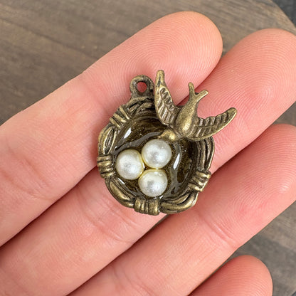 4PCS Antique Bronze Swallow Bird Nest Charms with Pearl Eggs for Jewelry Making