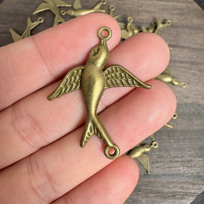 10PCS Antique Bronze Swallow Connectors Charms, Vintage Double Loop Bird Pendants for DIY Jewelry Making