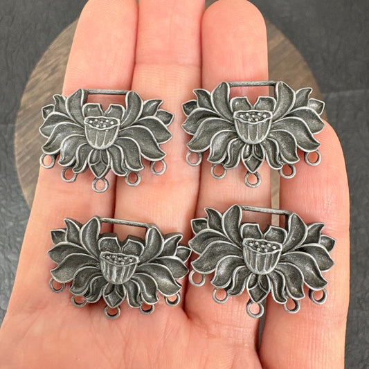 4PCS Antique Silver Lotus Flower Connector Charms, 5 Loop Lotus Pendant for Jewelry Making, Zen Inspired Boho Jewelry Findings