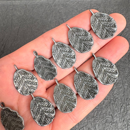 10PCS Antique Silver Textured Leaf Charms, Vintage Metal Leaf Pendants for Jewelry Making
