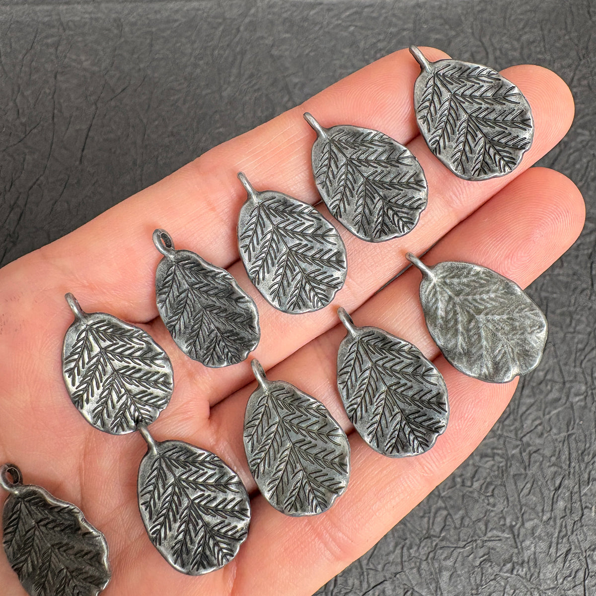 10PCS Antique Silver Textured Leaf Charms, Vintage Metal Leaf Pendants for Jewelry Making