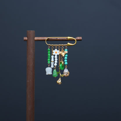 Handmade Auspicious Charm Brooch, Jade Mother‑of‑Pearl Tassel Lapel Pin