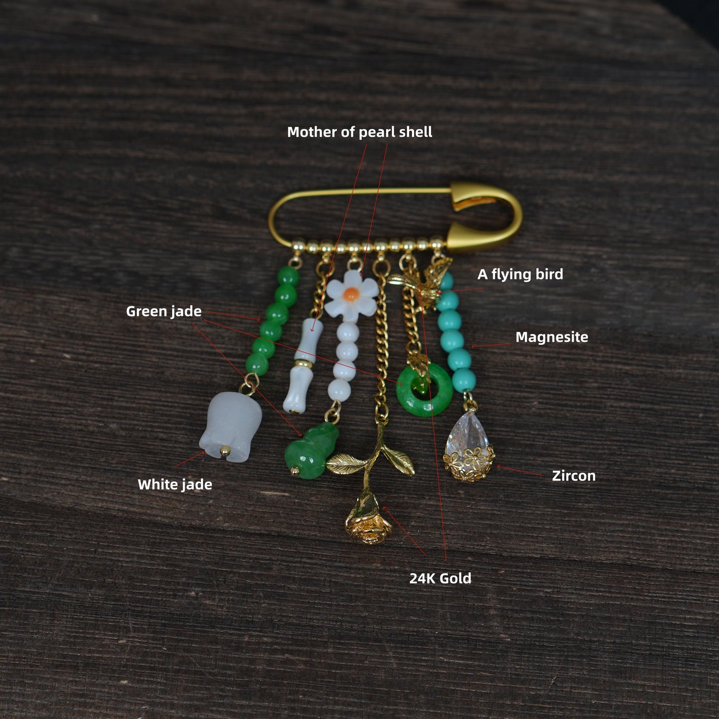 Handmade Auspicious Charm Brooch, Jade Mother‑of‑Pearl Tassel Lapel Pin
