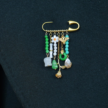 Handmade Auspicious Charm Brooch, Jade Mother‑of‑Pearl Tassel Lapel Pin