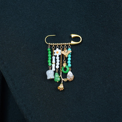 Handmade Auspicious Charm Brooch, Jade Mother‑of‑Pearl Tassel Lapel Pin
