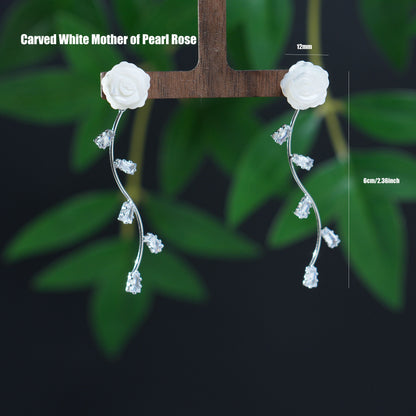 .925 Sterling Silver Carved Mother of Pearl Shell Rose Studs Earrings for Women, Natural Gemstone, White Flower Drop Bridal Jewelry As Summer Tassel Earrings for Wedding Gifts
