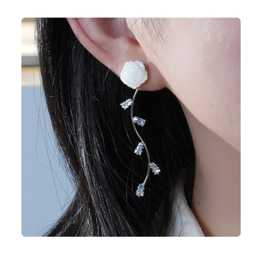 .925 Sterling Silver Carved Mother of Pearl Shell Rose Studs Earrings for Women, Natural Gemstone, White Flower Drop Bridal Jewelry As Summer Tassel Earrings for Wedding Gifts