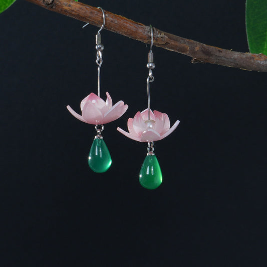 Lotus Earrings for Women, Handmade Flower Drop Earrings with Natural Green Agate, Spiritual Yoga Jewelry Gift for Her