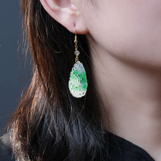 Handmade Carved Jade Teardrop Earrings for Women, Green and White Jade Dangle Earrings with Gold Hook – Elegant Oriental Jewelry for Birthday, Anniversary, Mother's Day Gift