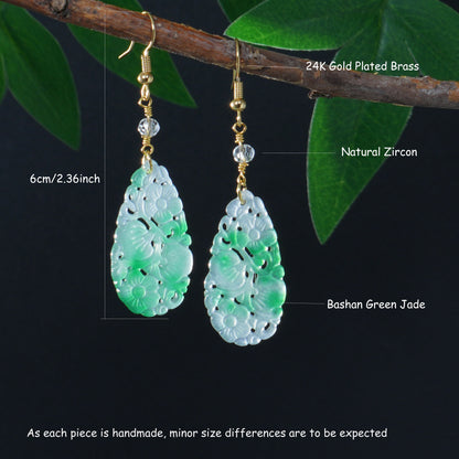 Handmade Carved Jade Teardrop Earrings for Women, Green and White Jade Dangle Earrings with Gold Hook – Elegant Oriental Jewelry for Birthday, Anniversary, Mother's Day Gift