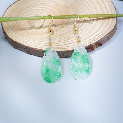 Handmade Carved Jade Teardrop Earrings for Women, Green and White Jade Dangle Earrings with Gold Hook – Elegant Oriental Jewelry for Birthday, Anniversary, Mother's Day Gift
