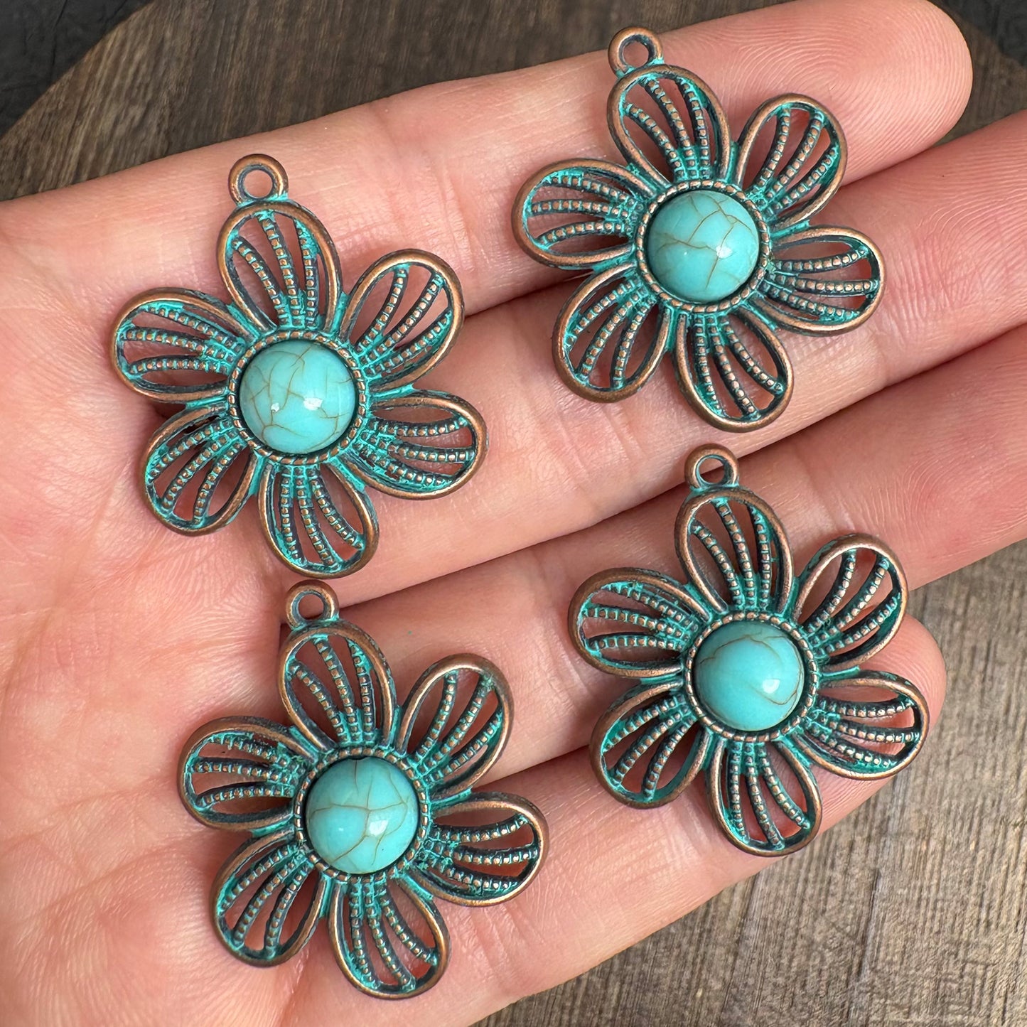 4PCS Boho Flower Pendants, Vintage Patina Turquoise Charm