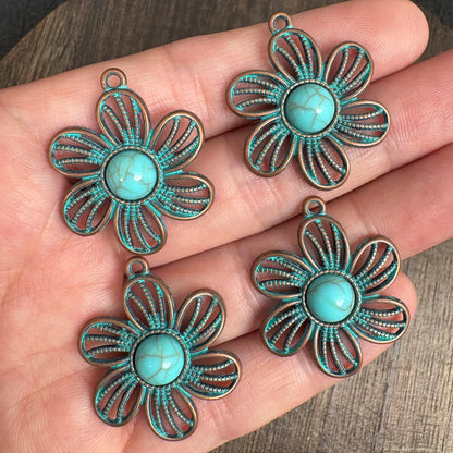 4PCS Boho Flower Pendants, Vintage Patina Turquoise Charm