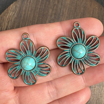 4PCS Boho Flower Pendants, Vintage Patina Turquoise Charm