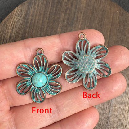 4PCS Boho Flower Pendants, Vintage Patina Turquoise Charm