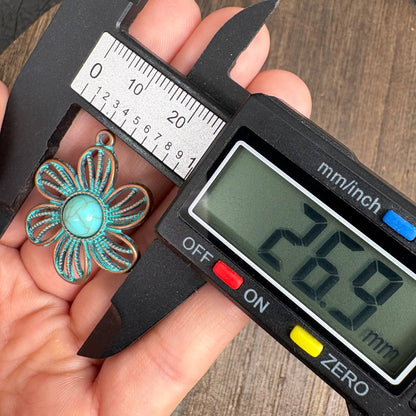 4PCS Boho Flower Pendants, Vintage Patina Turquoise Charm