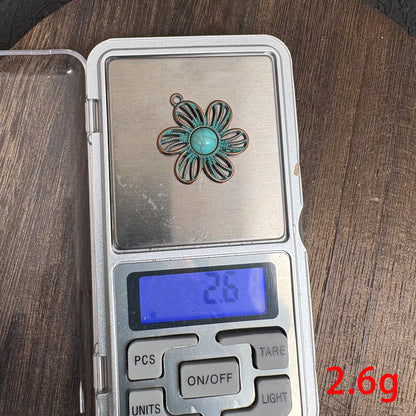 4PCS Boho Flower Pendants, Vintage Patina Turquoise Charm