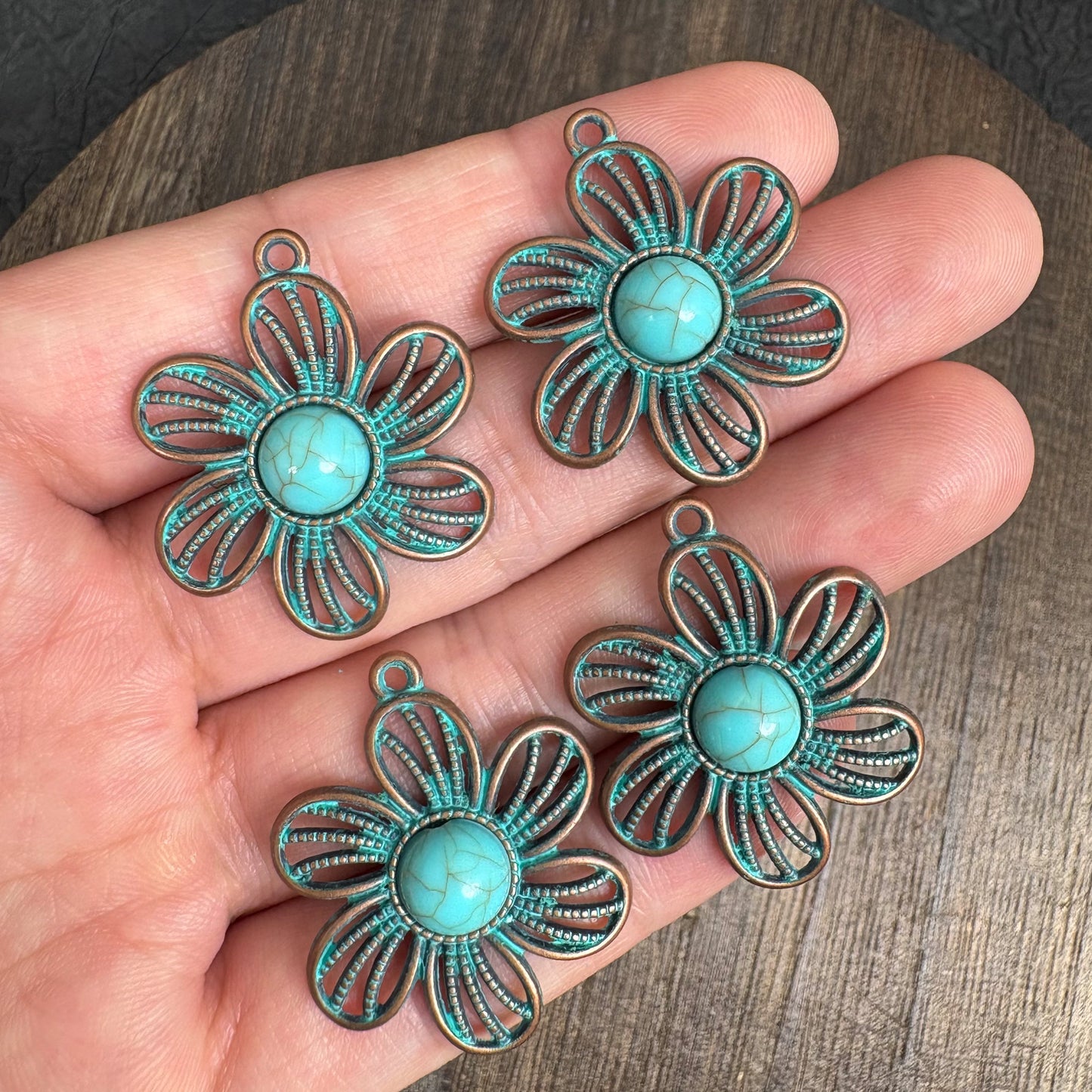 4PCS Boho Flower Pendants, Vintage Patina Turquoise Charm