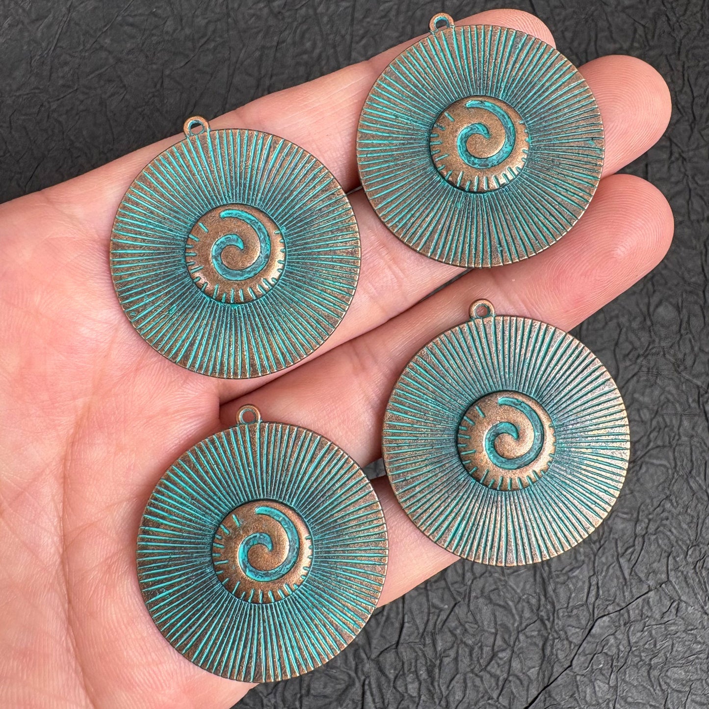 4PCS Boho Sun Spiral Disc Charms, Vintage Green Patina Copper Pendant