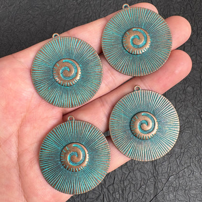 4PCS Boho Sun Spiral Disc Charms, Vintage Green Patina Copper Pendant