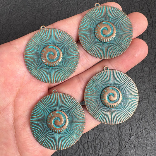 4PCS Boho Sun Spiral Disc Charms, Vintage Green Patina Copper Pendant