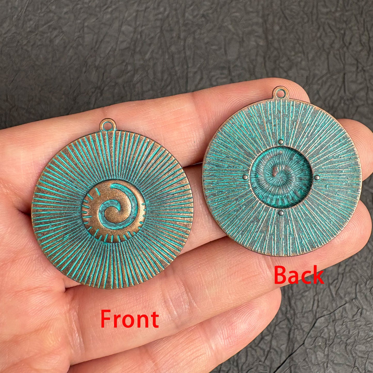 4PCS Boho Sun Spiral Disc Charms, Vintage Green Patina Copper Pendant