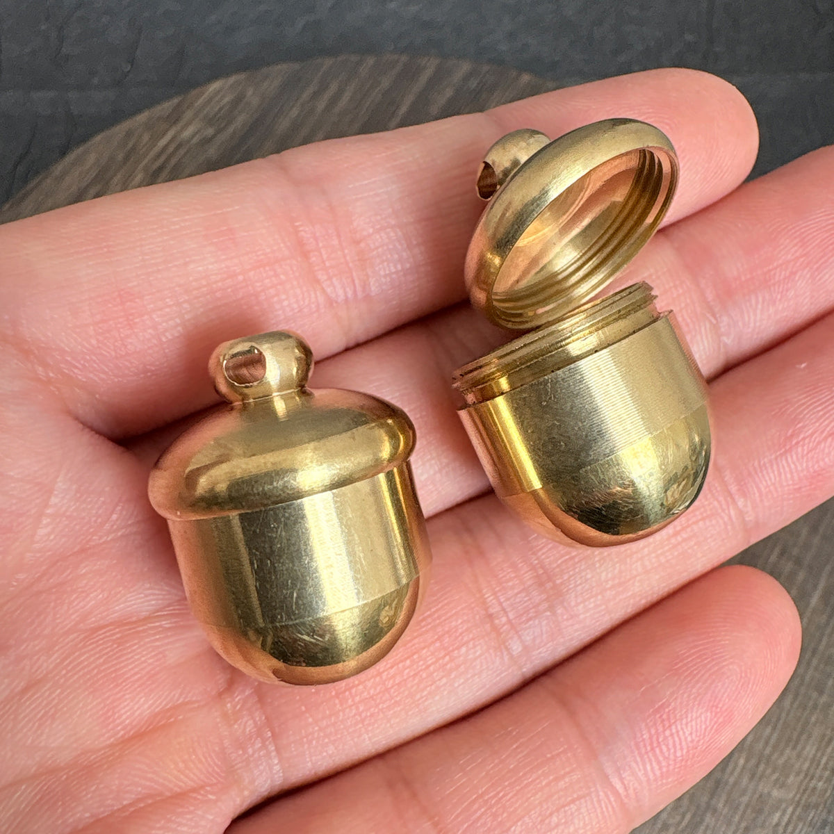 Brass Acorn Pinecone Box Pendant, Mini Wooden Wish Pill Box, Nature Keepsake Trinket Container