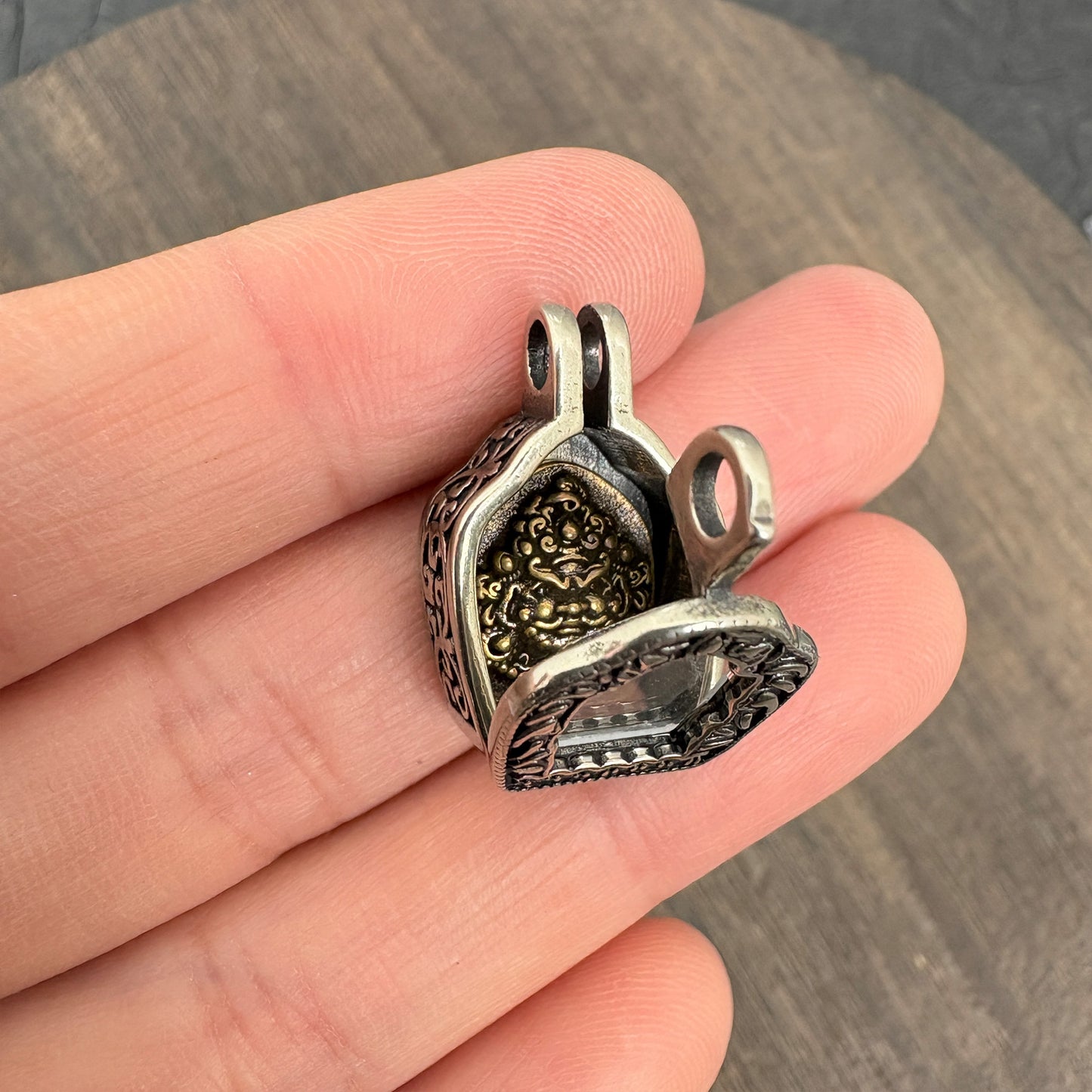 Brass Yellow Jambhala Ghau Box Pendant, Tibetan Buddhist Gau Locket, Wealth God Amulet, Handmade Nepal Prayer Box, Spiritual Jewelry