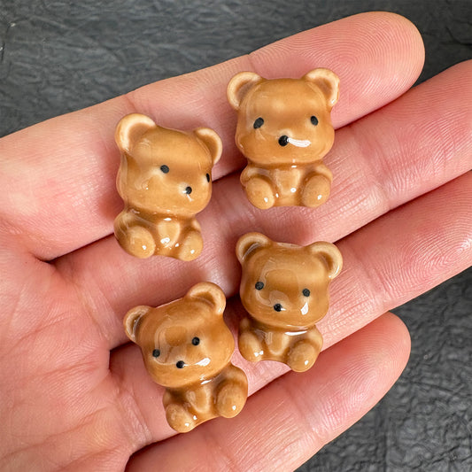 4PCS Brown Ceramic Teddy Bear Beads, Tiny Bear Charms for Jewelry Making