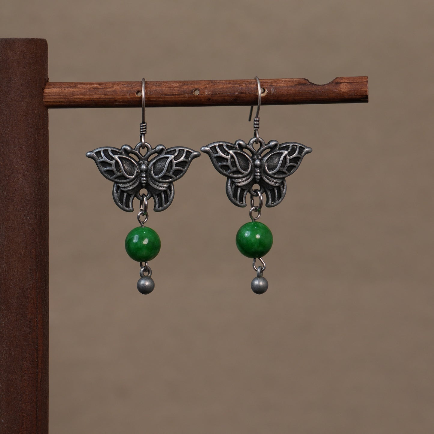 Handmade Vintage Silver Tone Butterfly Dangle Earrings | Green Jade Beaded Oriental Boho Drop Jewelry for Women