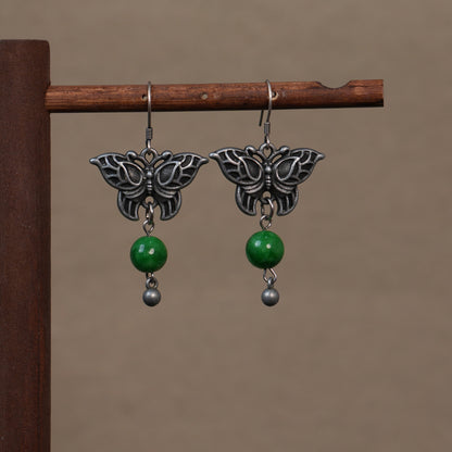 Handmade Vintage Silver Tone Butterfly Dangle Earrings | Green Jade Beaded Oriental Boho Drop Jewelry for Women
