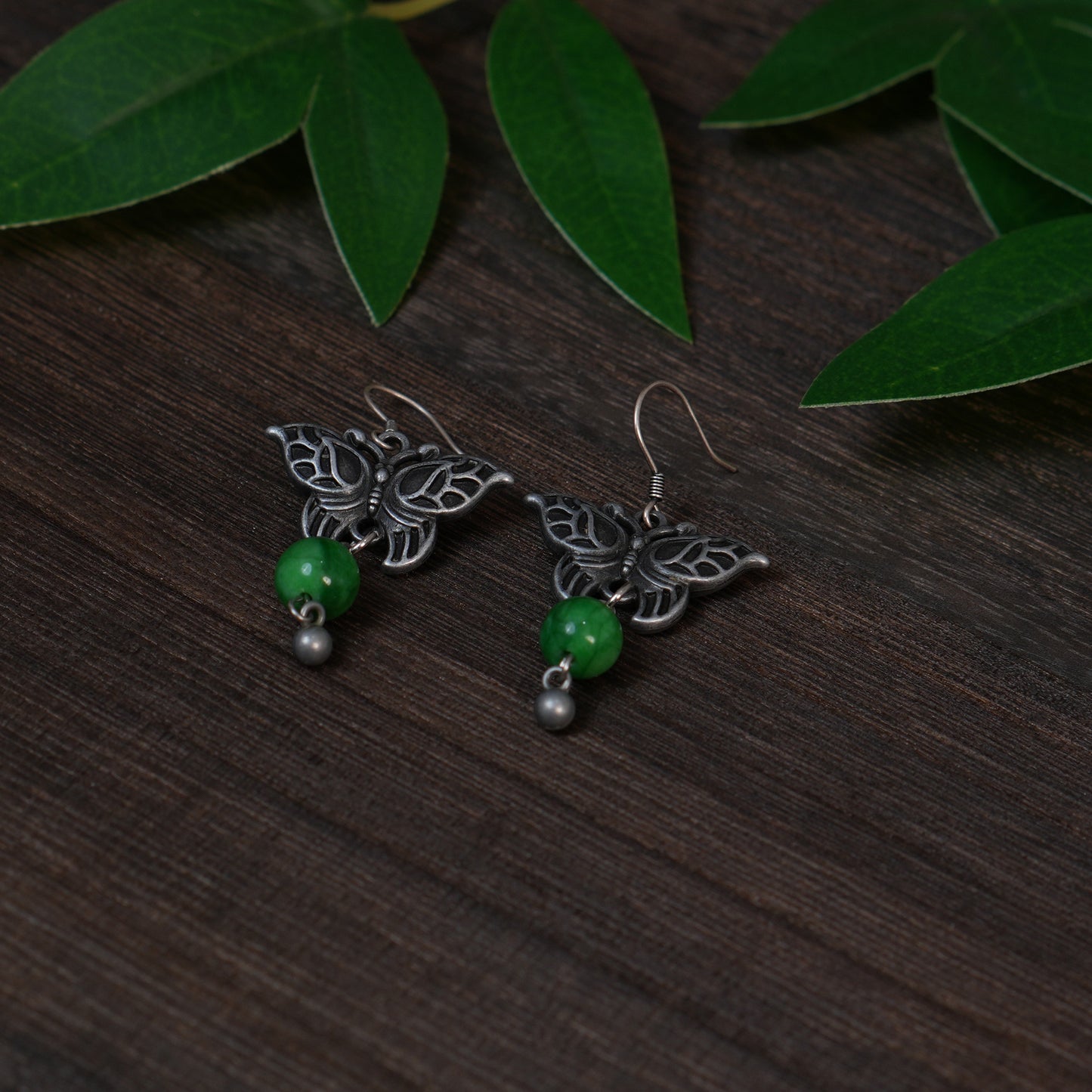 Handmade Vintage Silver Tone Butterfly Dangle Earrings | Green Jade Beaded Oriental Boho Drop Jewelry for Women