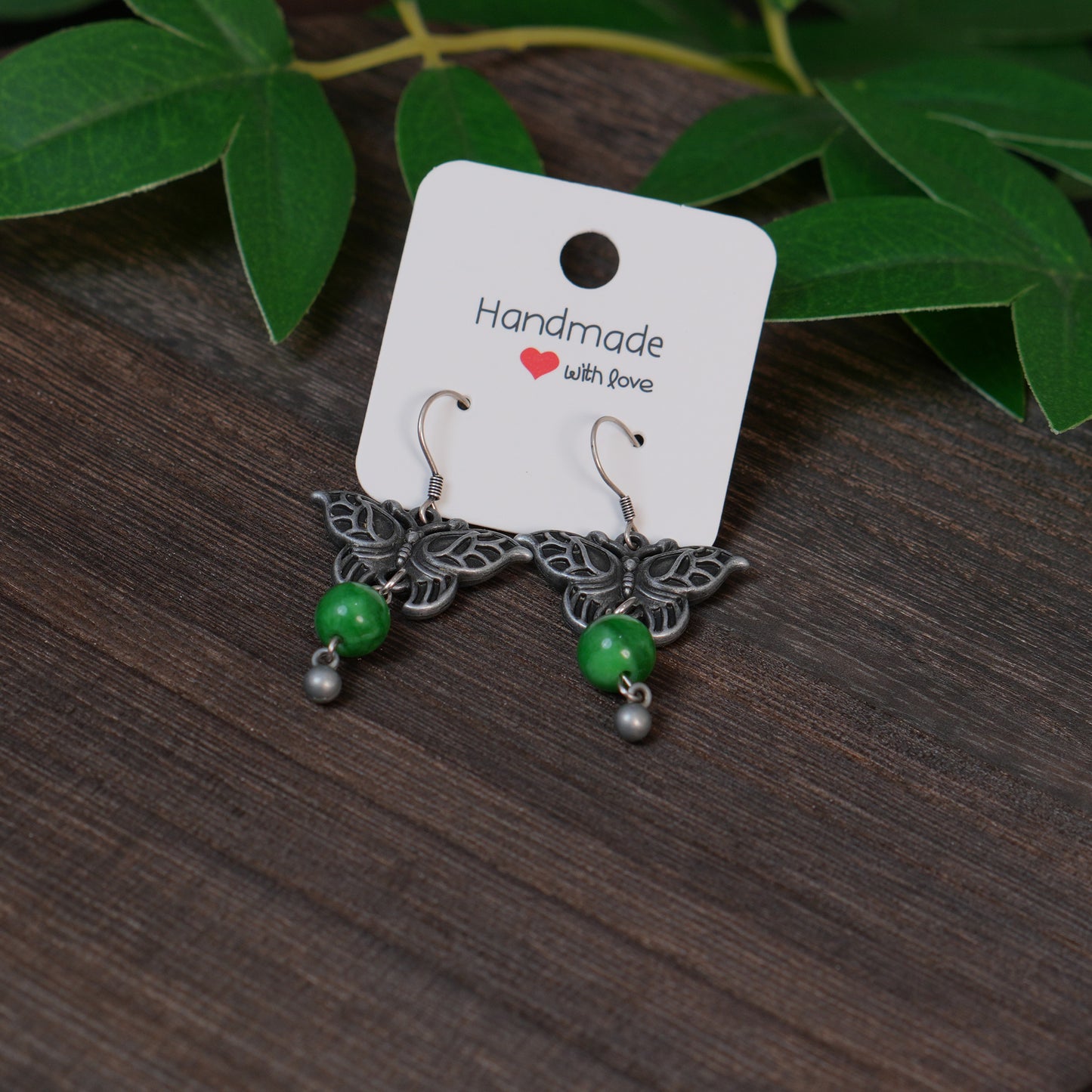 Handmade Vintage Silver Tone Butterfly Dangle Earrings | Green Jade Beaded Oriental Boho Drop Jewelry for Women