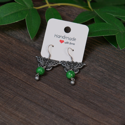 Handmade Vintage Silver Tone Butterfly Dangle Earrings | Green Jade Beaded Oriental Boho Drop Jewelry for Women