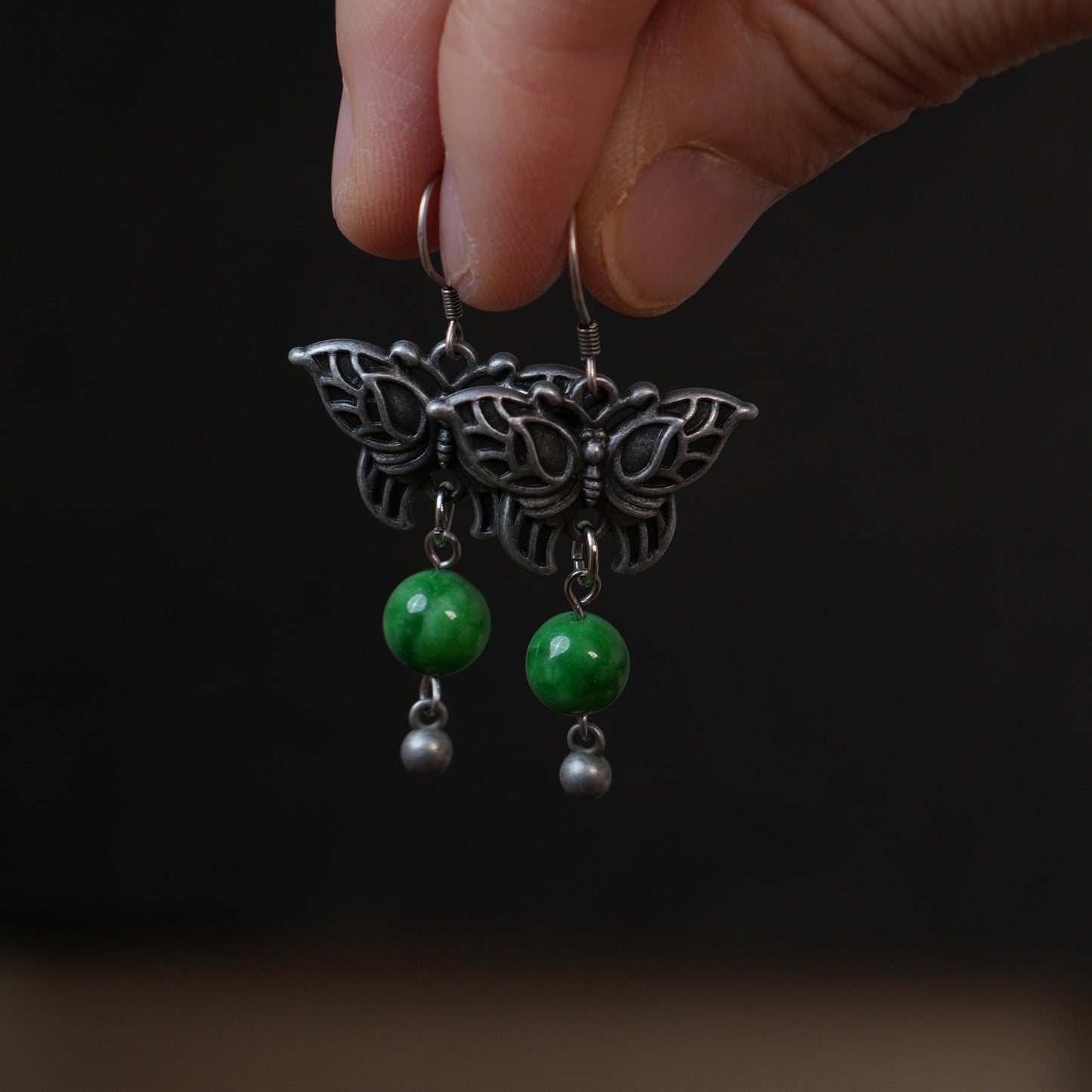 Handmade Vintage Silver Tone Butterfly Dangle Earrings | Green Jade Beaded Oriental Boho Drop Jewelry for Women
