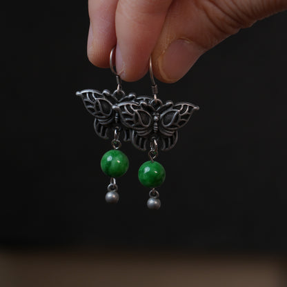 Handmade Vintage Silver Tone Butterfly Dangle Earrings | Green Jade Beaded Oriental Boho Drop Jewelry for Women