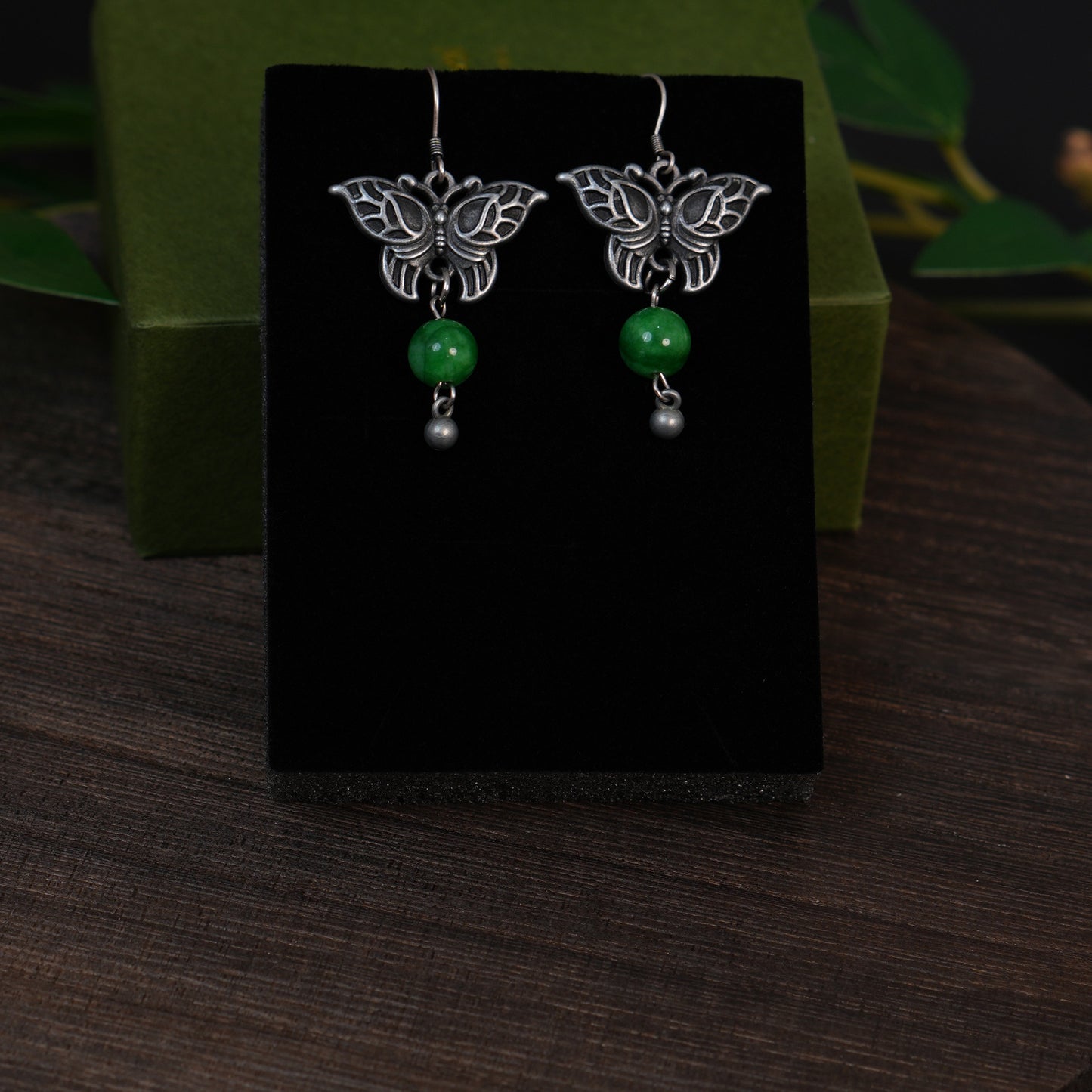 Handmade Vintage Silver Tone Butterfly Dangle Earrings | Green Jade Beaded Oriental Boho Drop Jewelry for Women