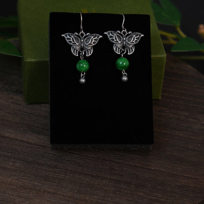 Handmade Vintage Silver Tone Butterfly Dangle Earrings | Green Jade Beaded Oriental Boho Drop Jewelry for Women