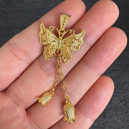 24K Gold Plated Filigree Butterfly Lily of the Valley Tassel Pendant, Jewelry Making Charm