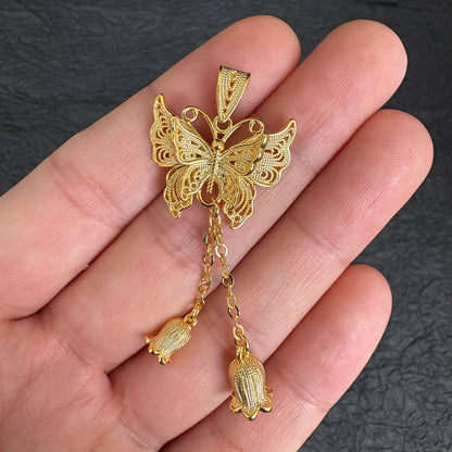 24K Gold Plated Filigree Butterfly Lily of the Valley Tassel Pendant, Jewelry Making Charm