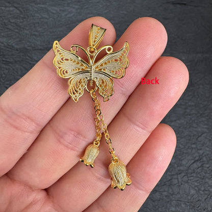 24K Gold Plated Filigree Butterfly Lily of the Valley Tassel Pendant, Jewelry Making Charm