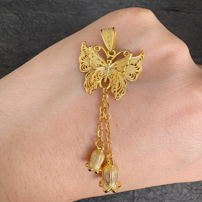 24K Gold Plated Filigree Butterfly Lily of the Valley Tassel Pendant, Jewelry Making Charm