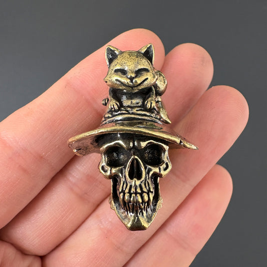 Vintage Brass Skull Cat Figurine, Gothic Home Decor, Halloween Decoration, Collectible Cat Sculpture