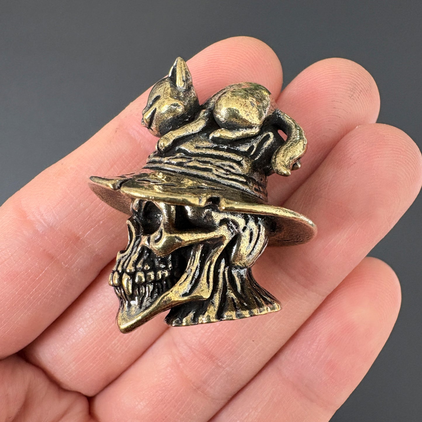 Vintage Brass Skull Cat Figurine, Gothic Home Decor, Halloween Decoration, Collectible Cat Sculpture