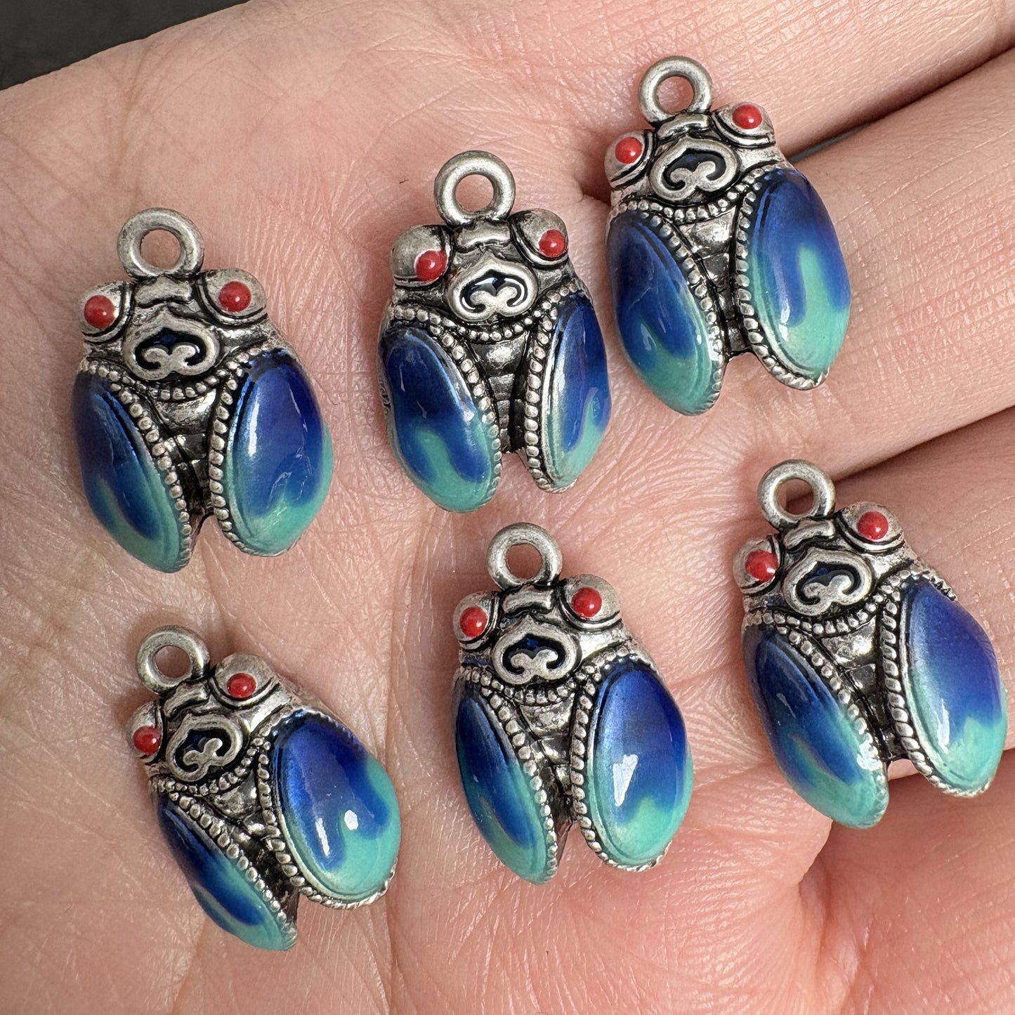 2PCS Cicada Pendants for Necklace, Tibetan Silver with Enamel, Symbol of Renewal and Success, Boho Jewelry Charm