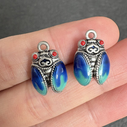 2PCS Cicada Pendants for Necklace, Tibetan Silver with Enamel, Symbol of Renewal and Success, Boho Jewelry Charm